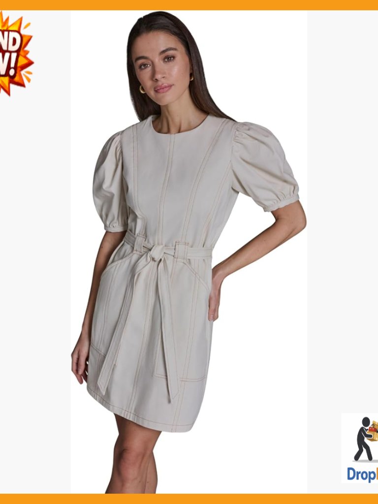Short Puff Sleeve Sheath Dress Tie Belt Minimal Chic Elegant Y2k Retro